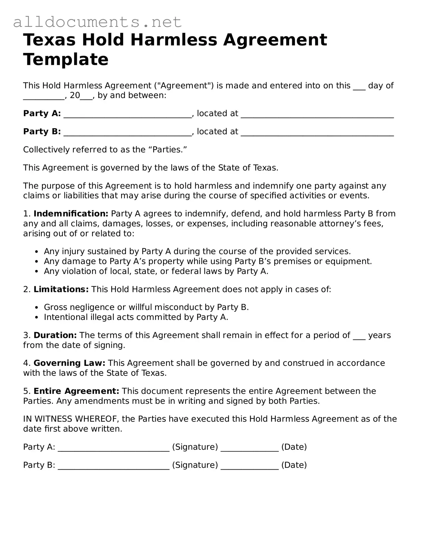 Official  Hold Harmless Agreement Template for Texas