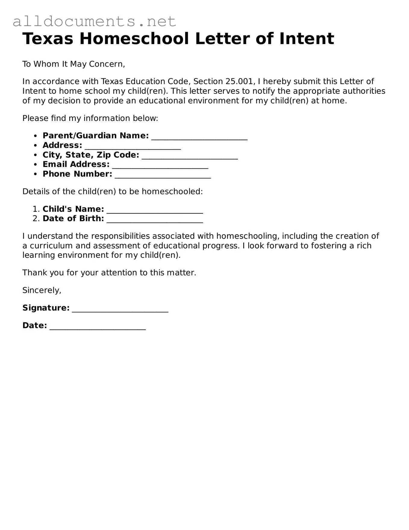 Official  Homeschool Letter of Intent Template for Texas
