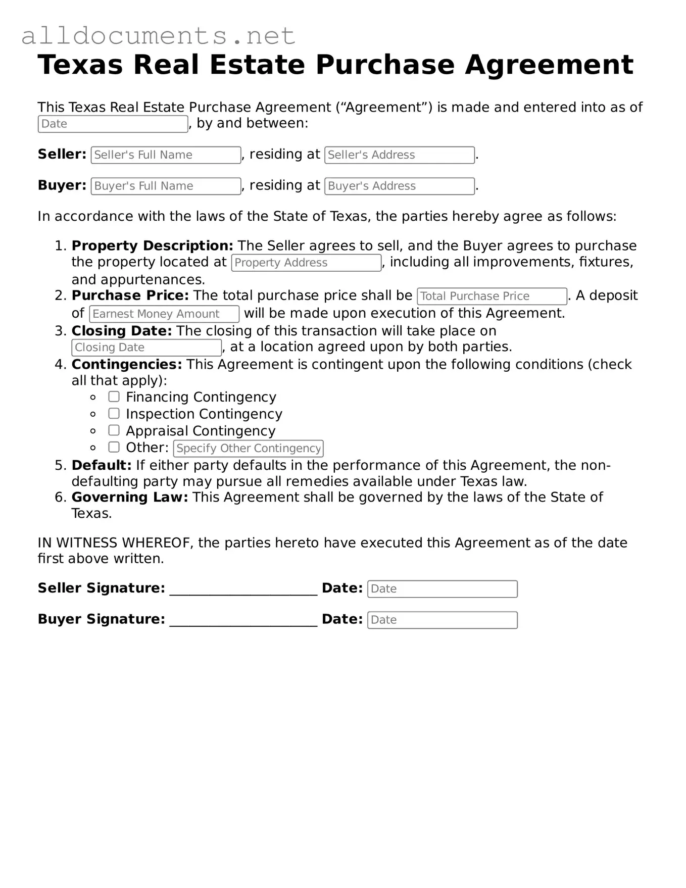Official  Real Estate Purchase Agreement Template for Texas