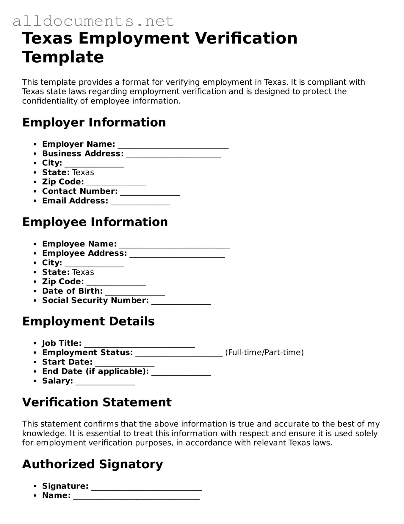 Official  Employment Verification Template for Texas