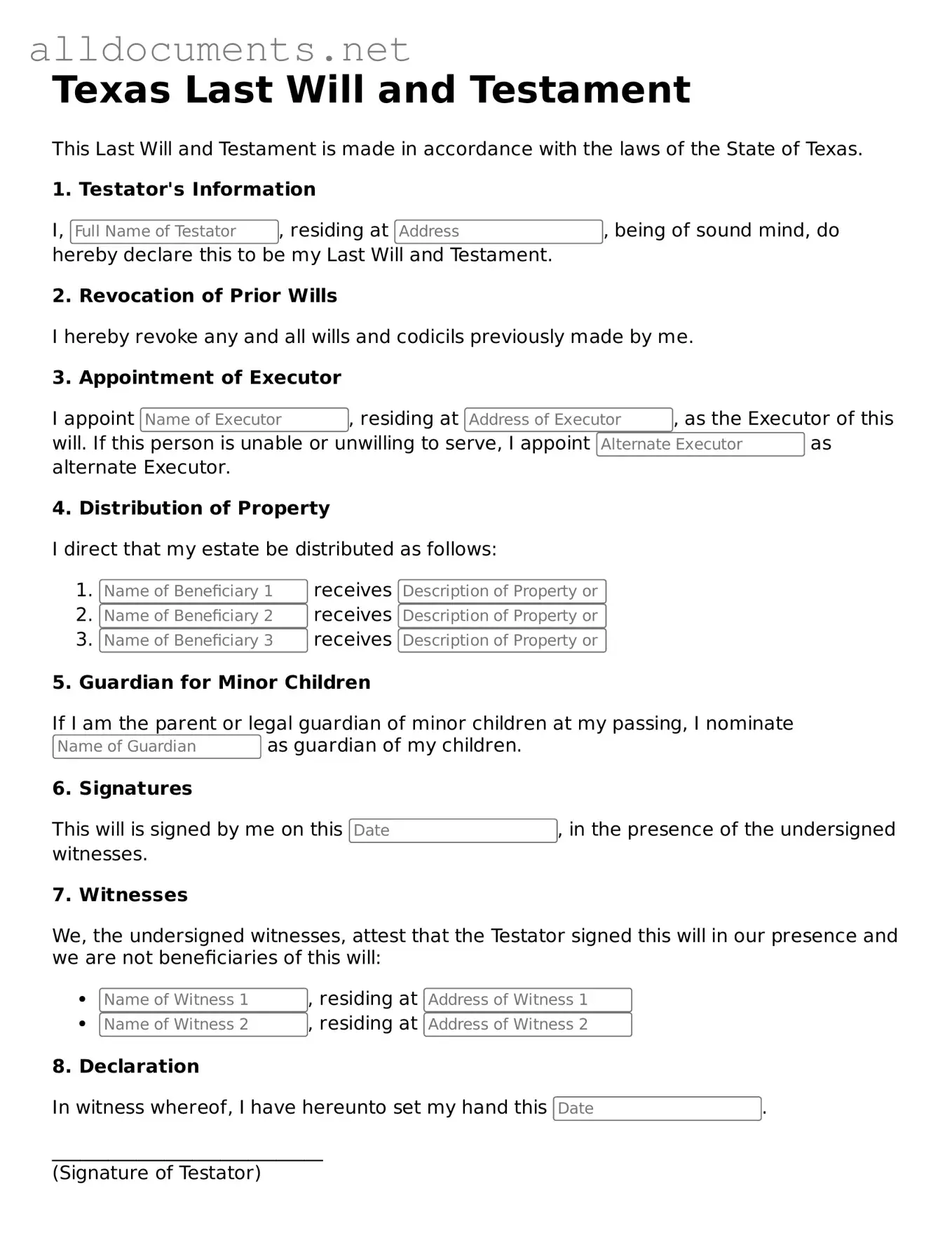 Official  Last Will and Testament Template for Texas