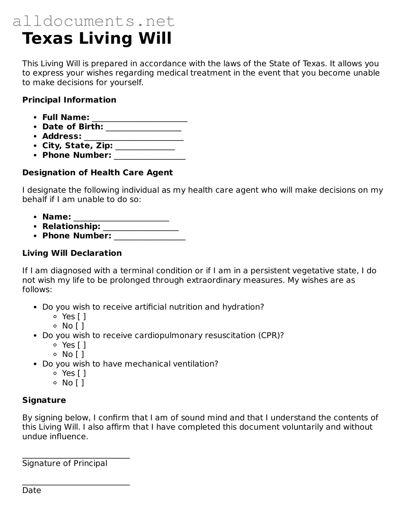 Official  Living Will Template for Texas
