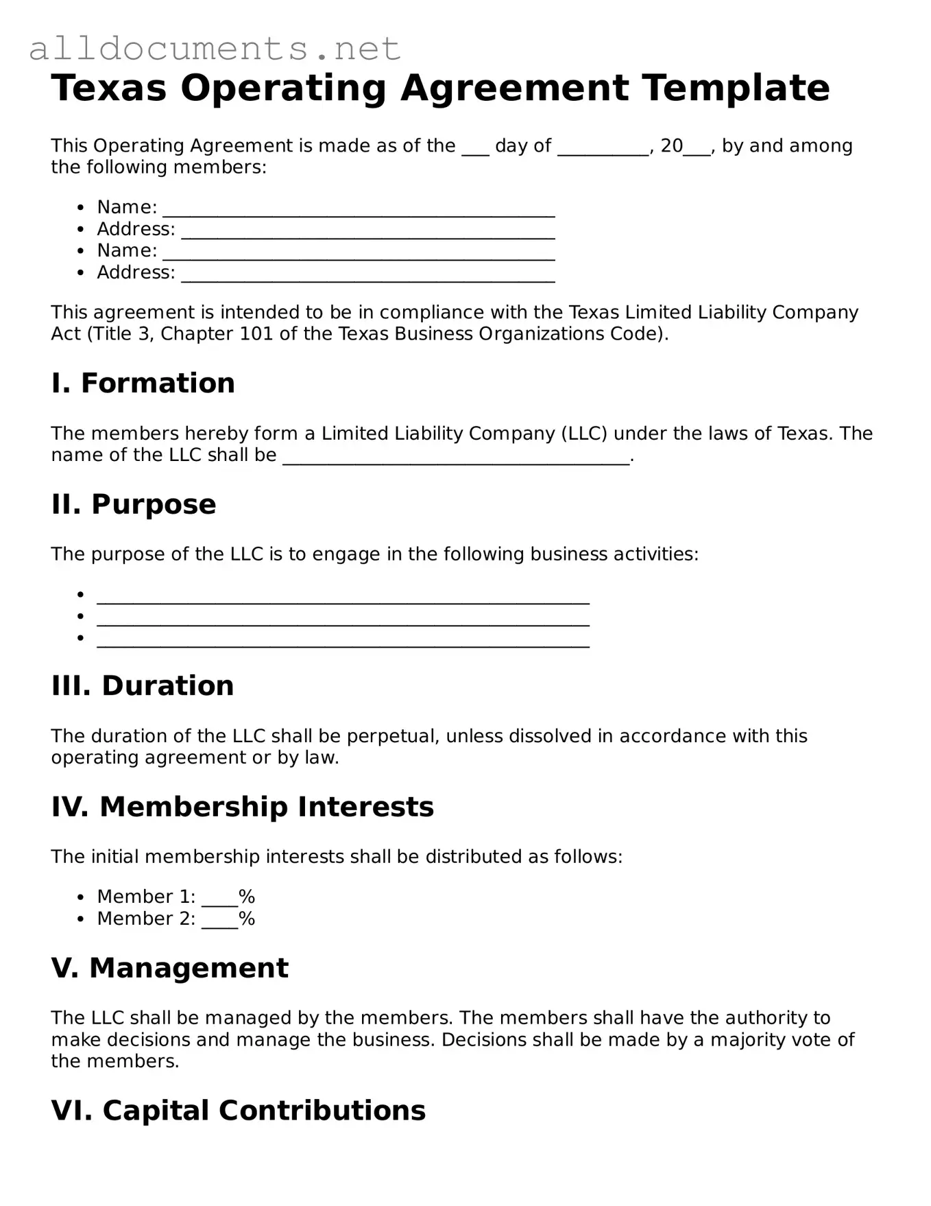 Official  Operating Agreement Template for Texas