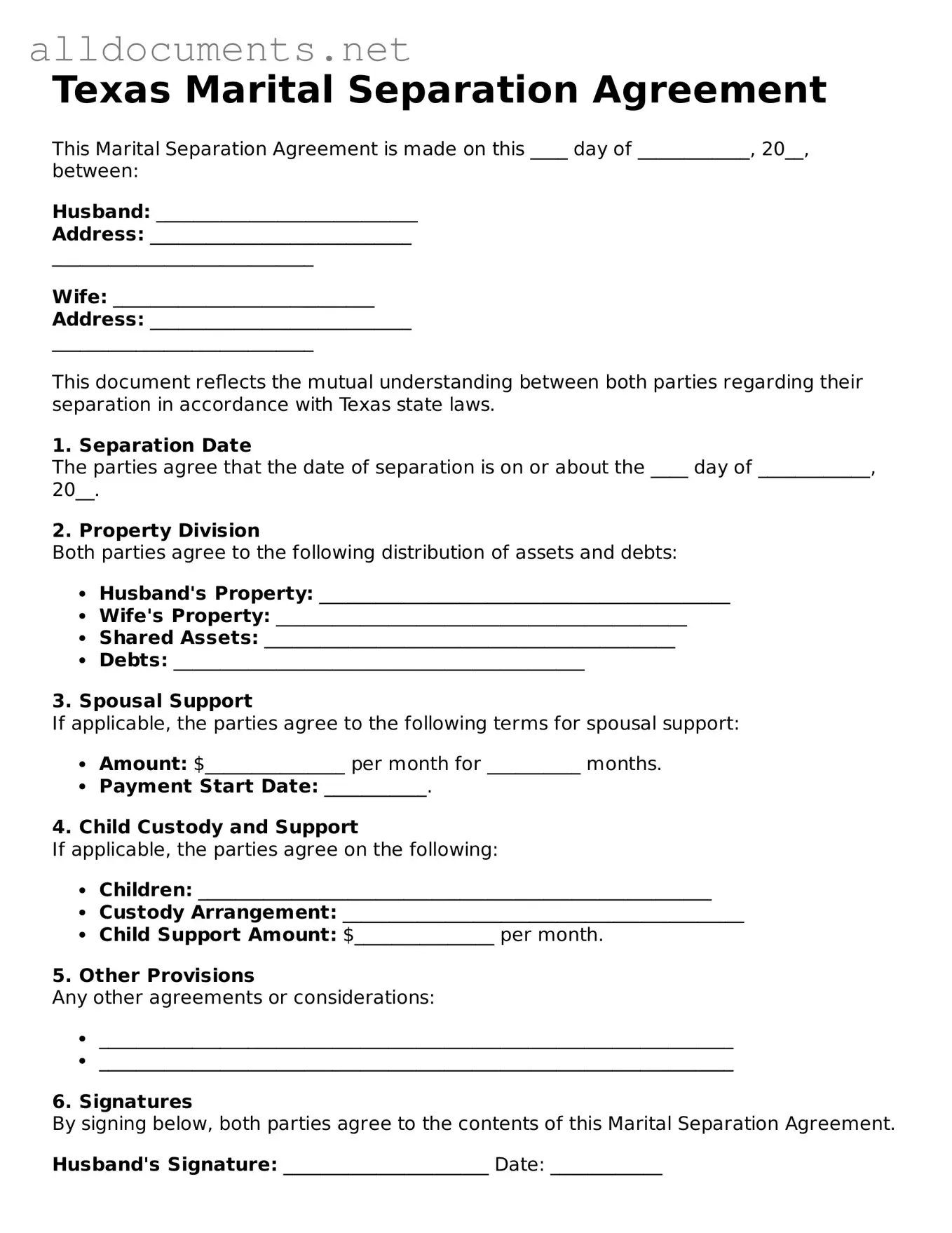 Official  Marital Separation Agreement Template for Texas