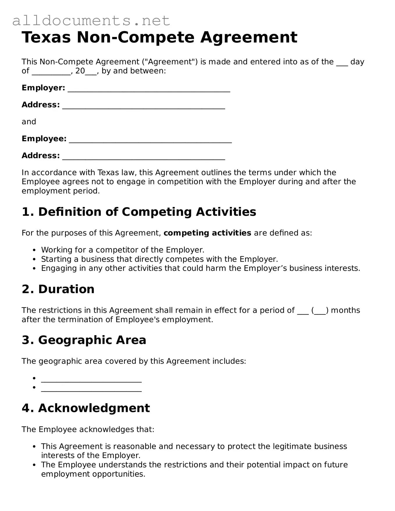 Official  Non-compete Agreement Template for Texas