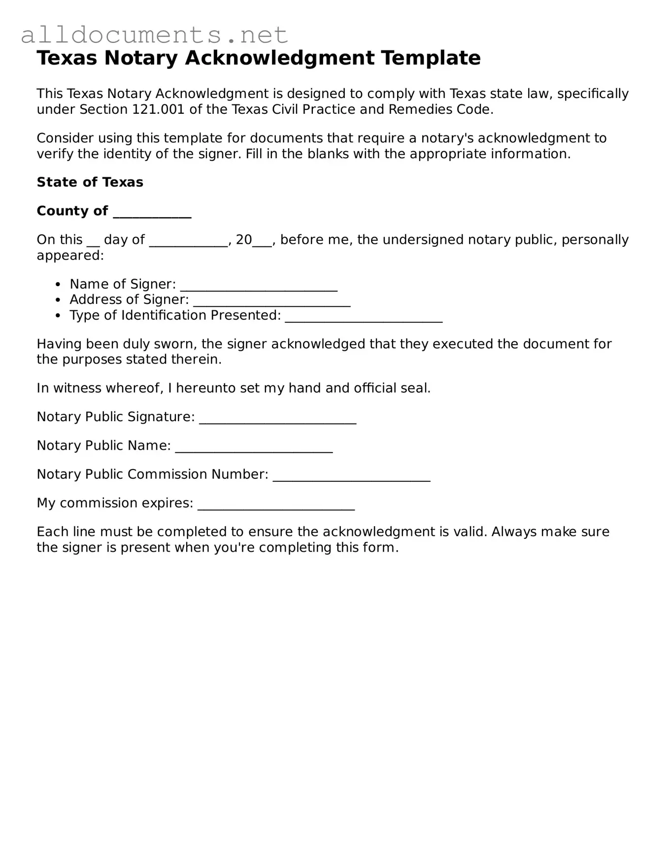 Official  Notary Acknowledgement Template for Texas