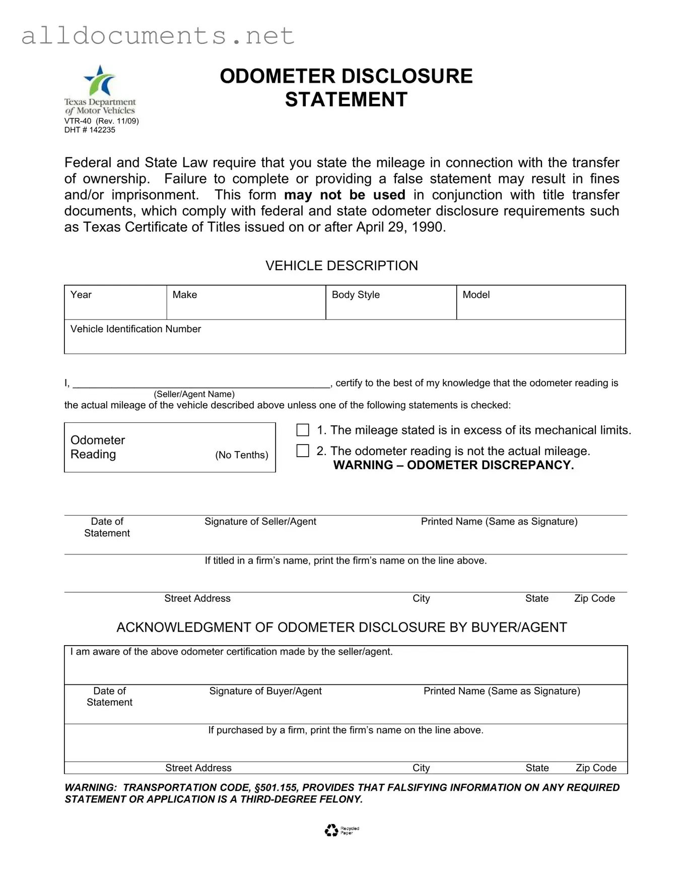 Fillable Texas Odometer Statement Template in PDF