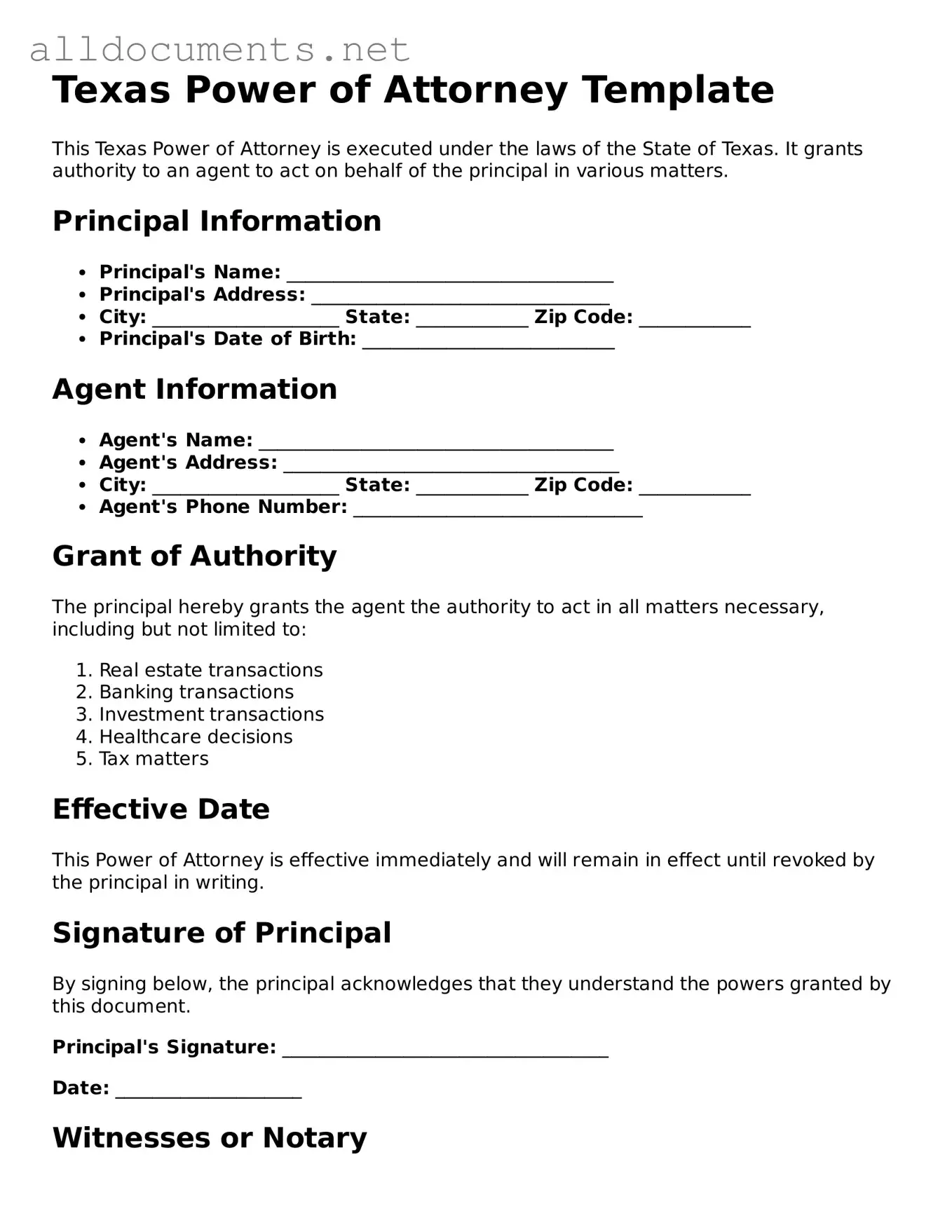 Official  Power of Attorney Template for Texas