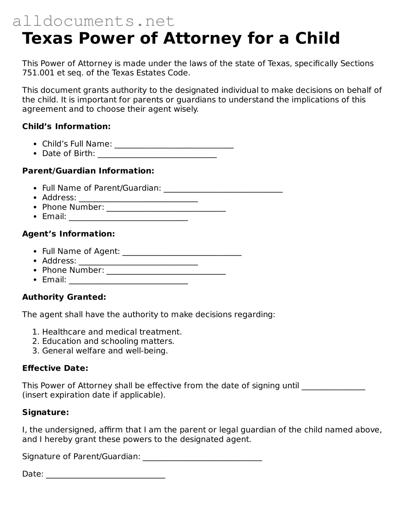 Official  Power of Attorney for a Child Template for Texas