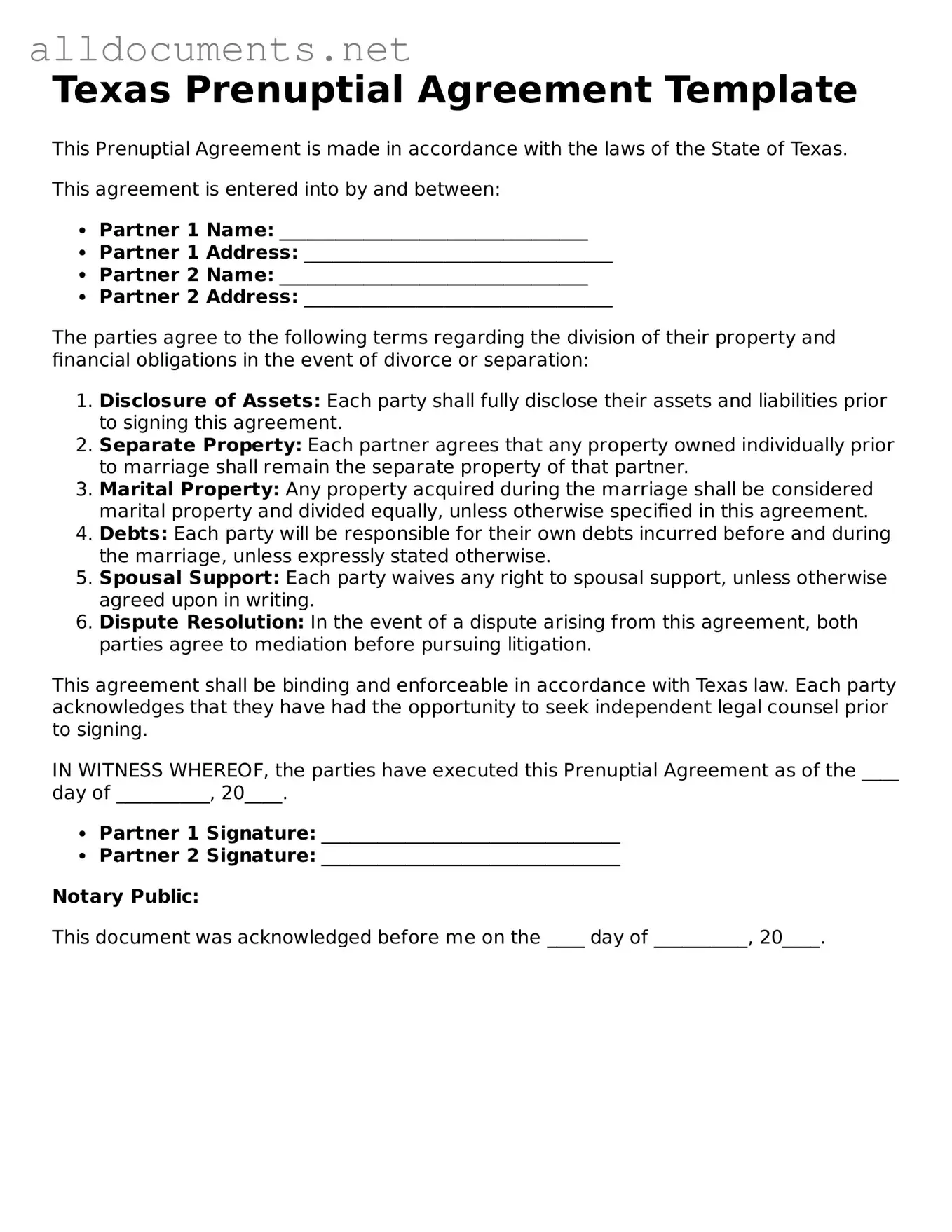 Official  Prenuptial Agreement Template for Texas
