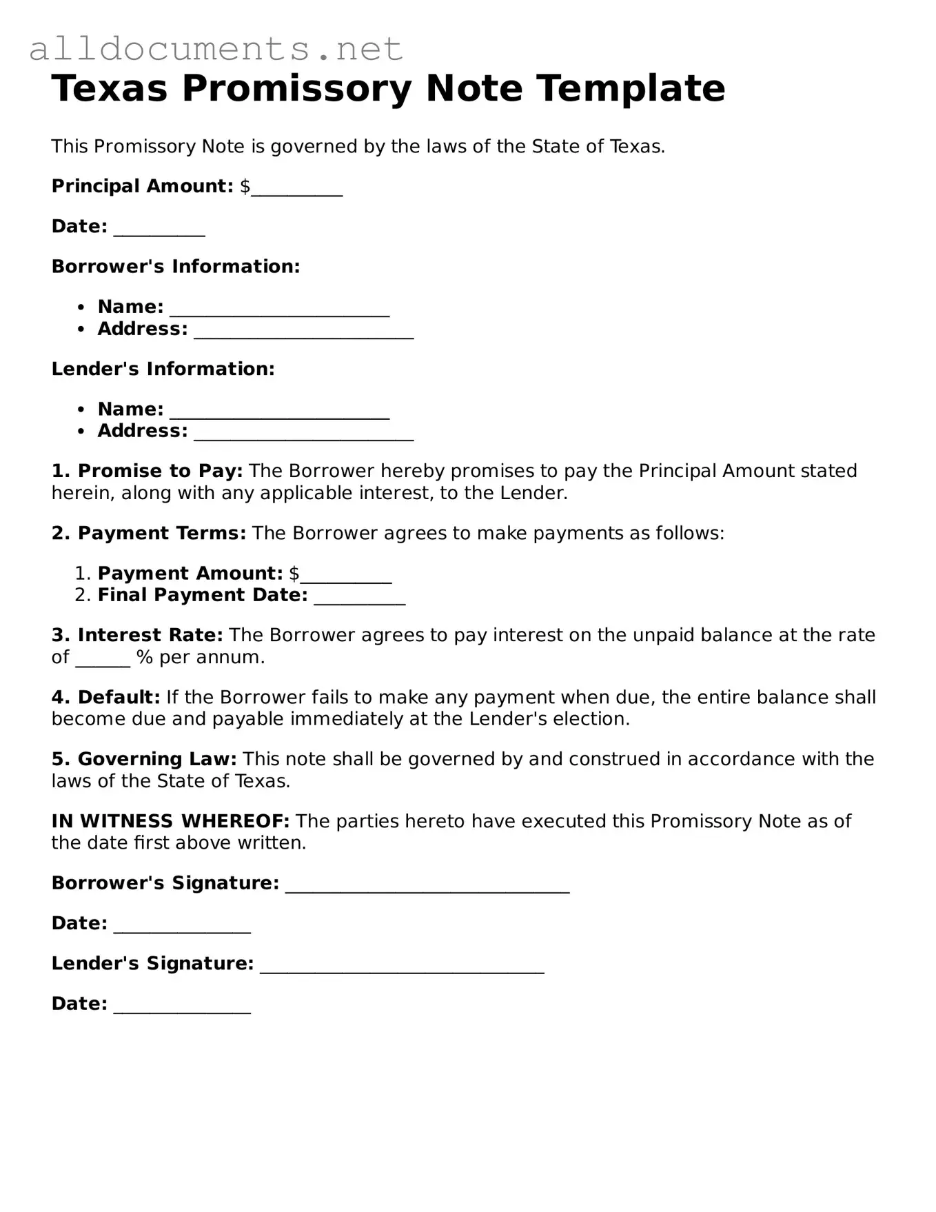 Official  Promissory Note Template for Texas