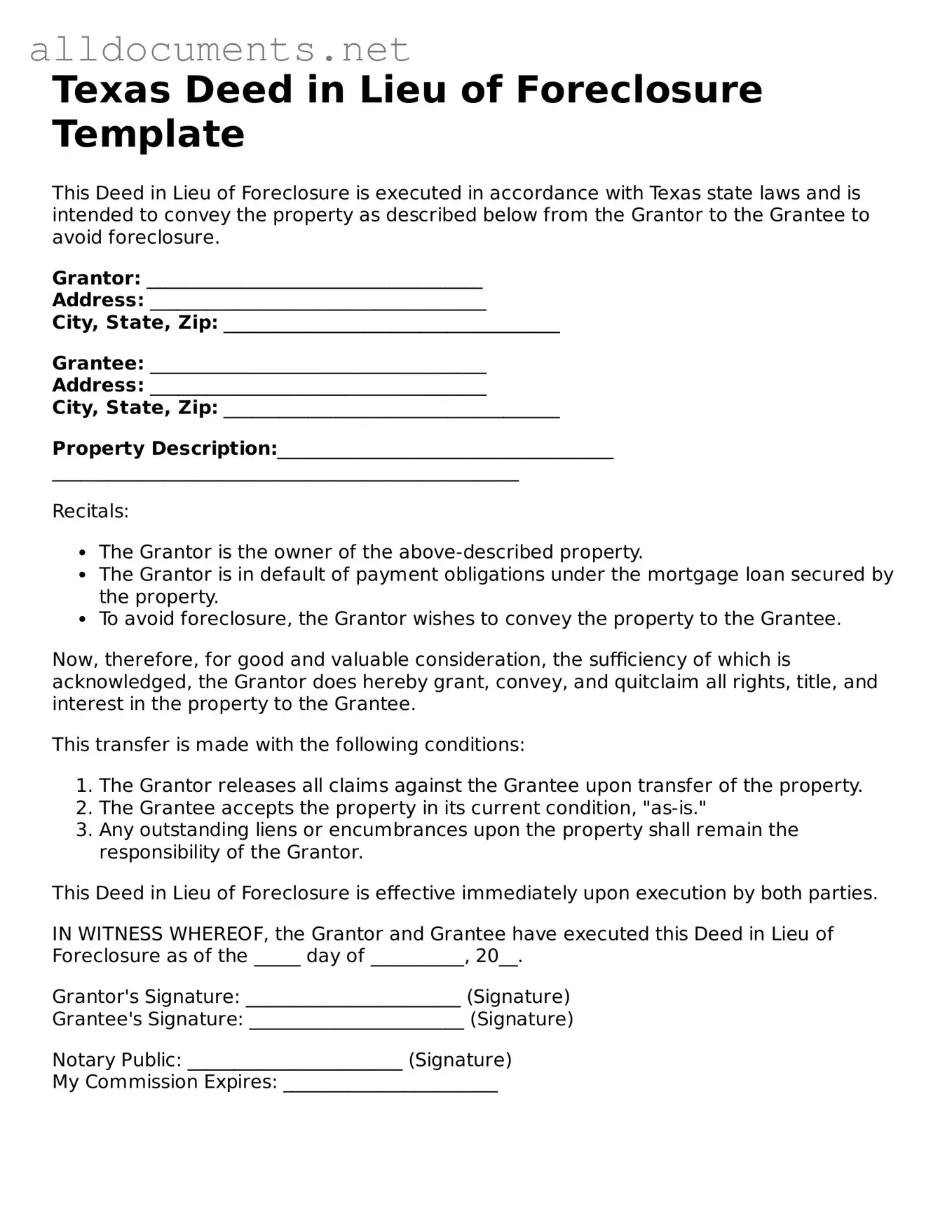 Official  Deed in Lieu of Foreclosure Template for Texas