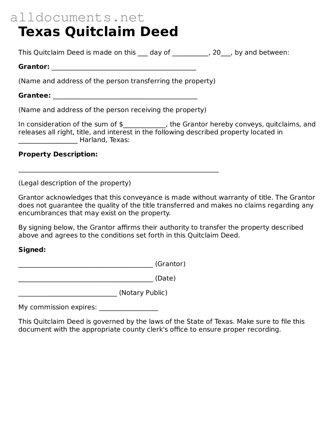 Official  Quitclaim Deed Template for Texas
