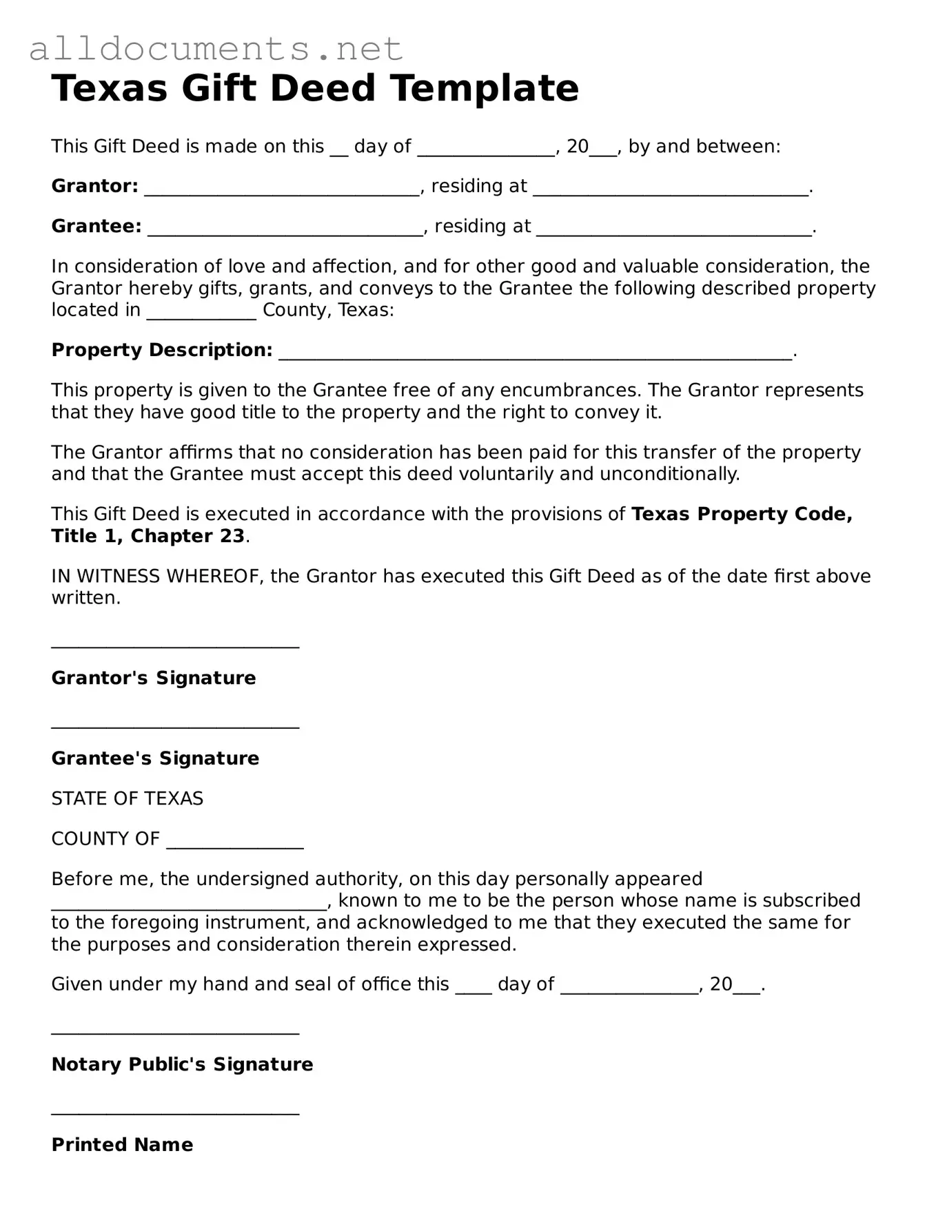 Official  Gift Deed Template for Texas