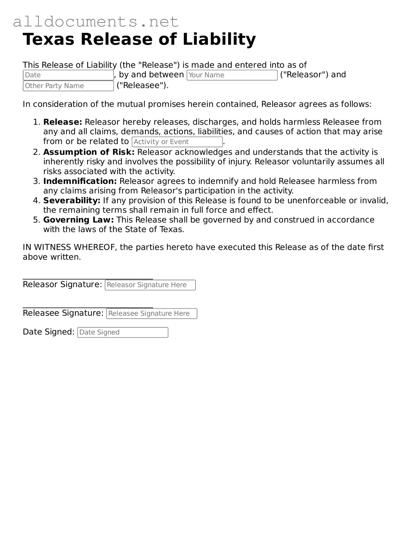 Official  Release of Liability Template for Texas
