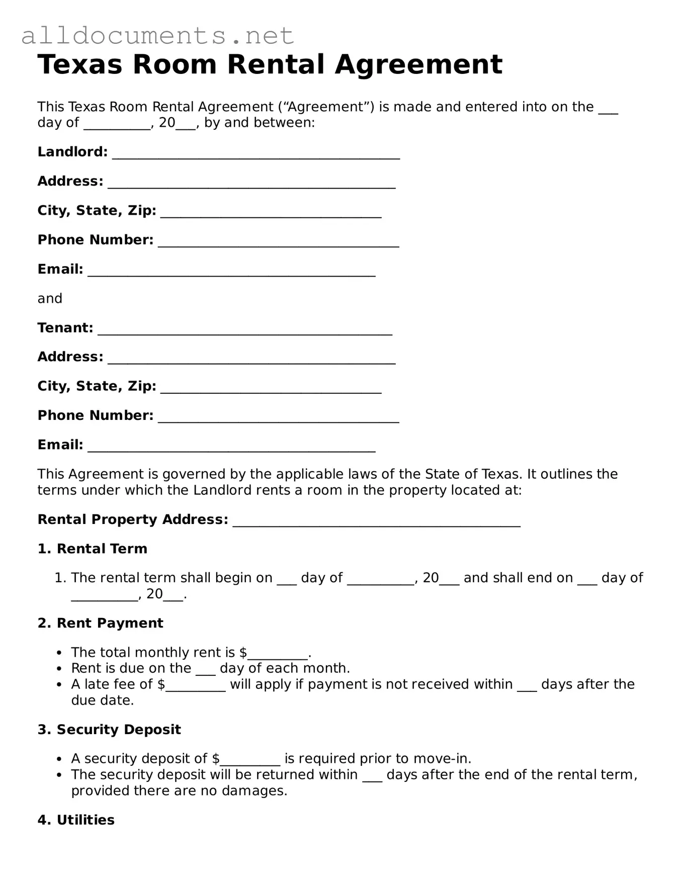 Official  Room Rental Agreement Template for Texas
