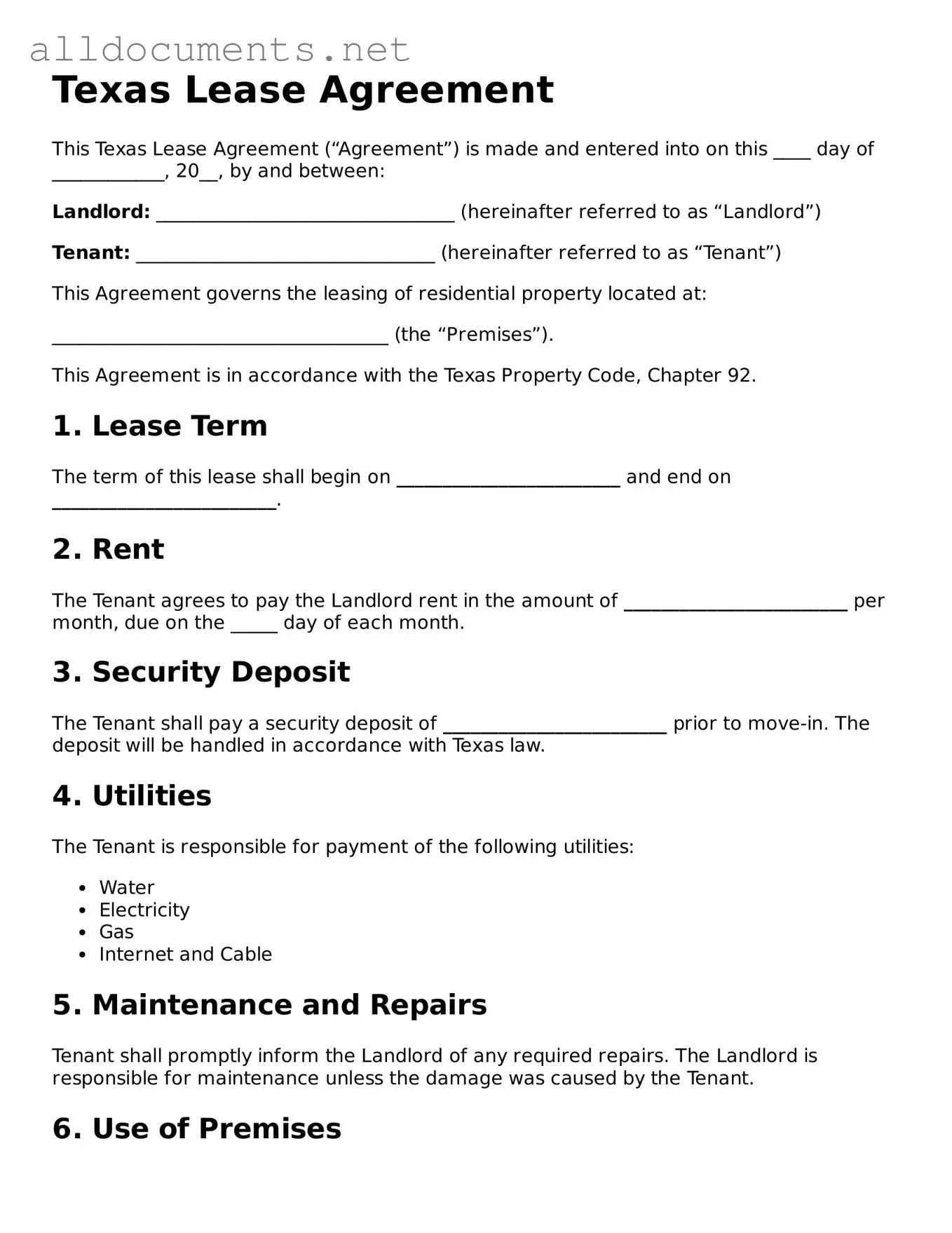 Official  Lease Agreement Template for Texas