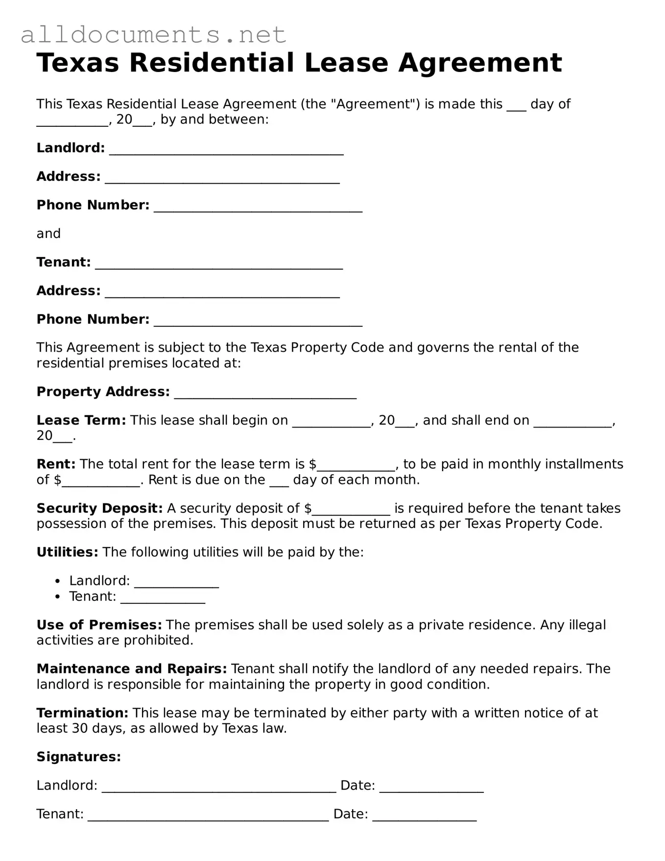 Official  Residential Lease Agreement Template for Texas