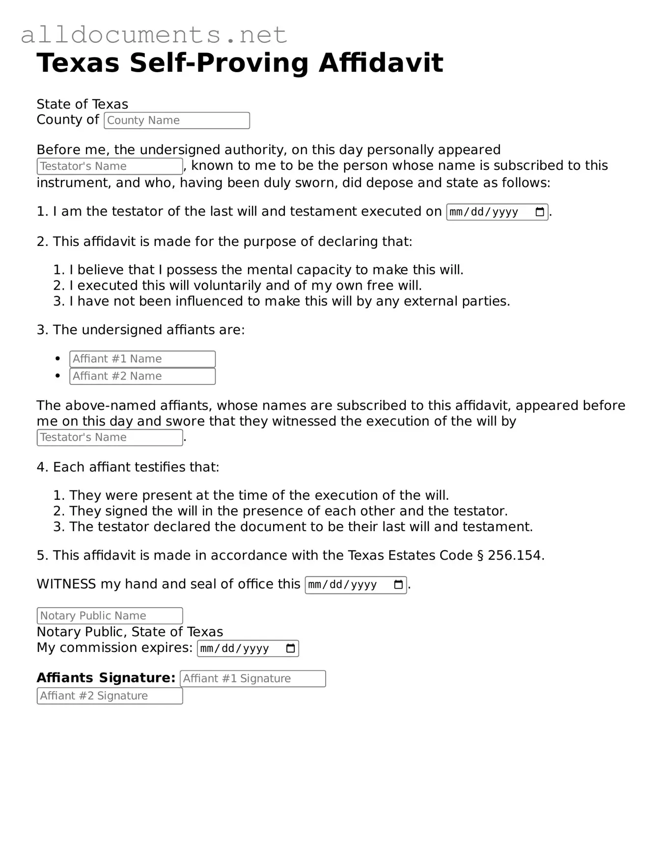 Official  Self-Proving Affidavit Template for Texas
