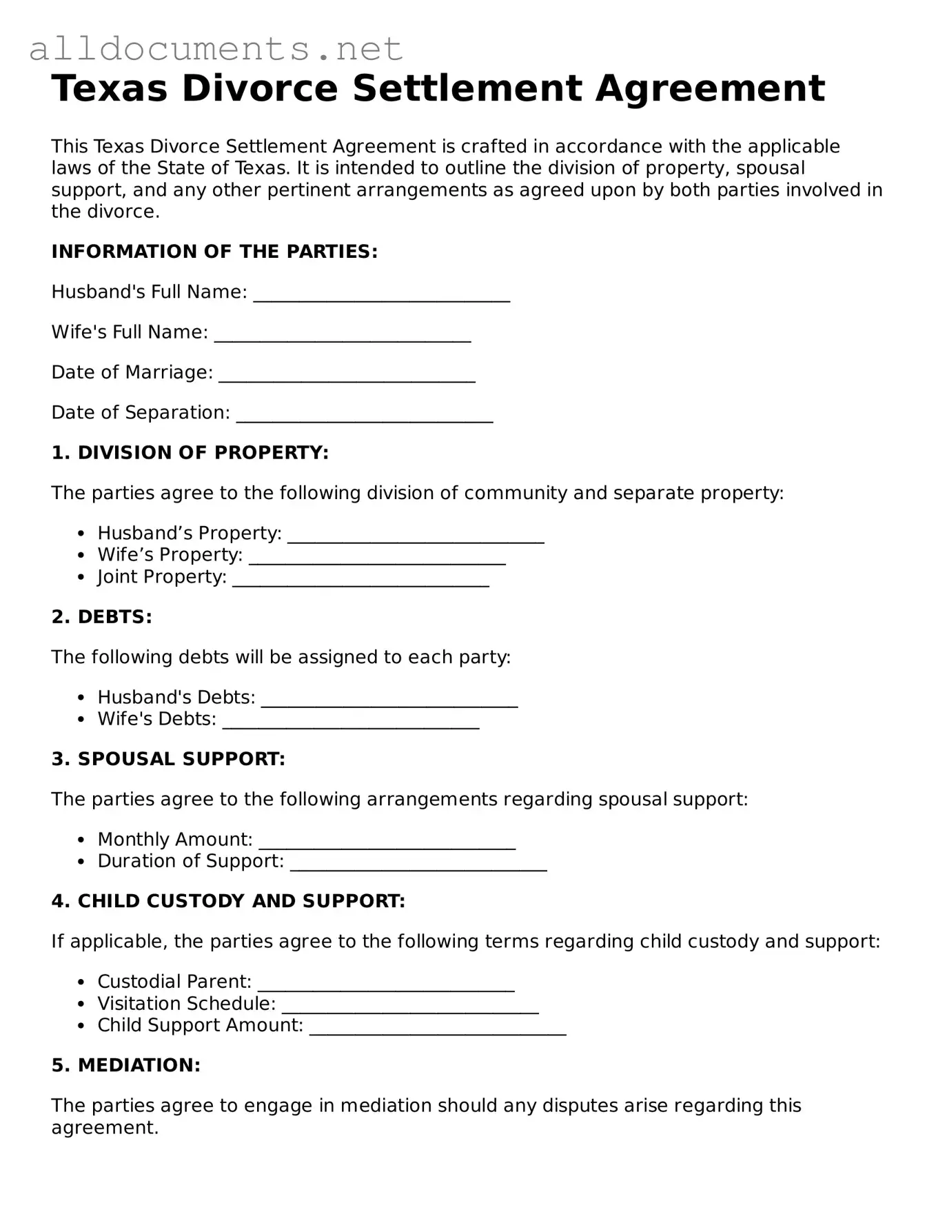 Official  Divorce Settlement Agreement Template for Texas
