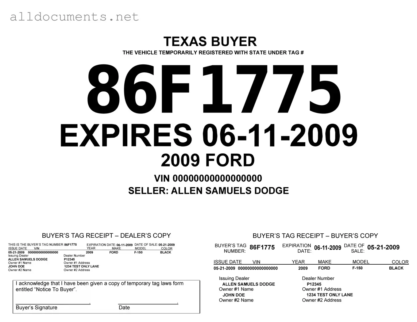 Fillable Texas Temporary Tag Template in PDF