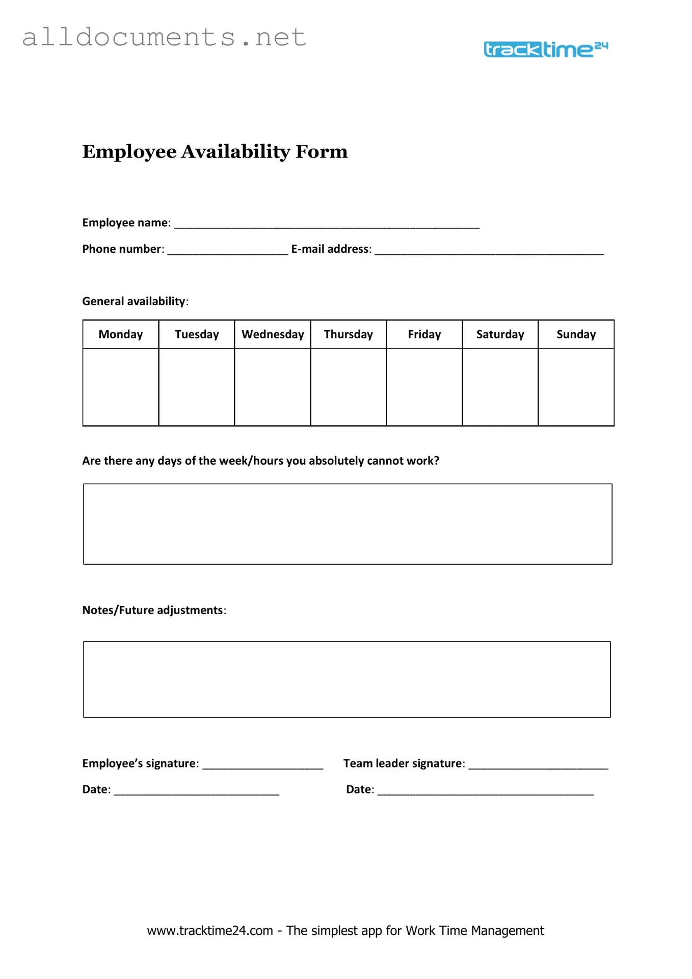 Fillable Employee Availability Template in PDF