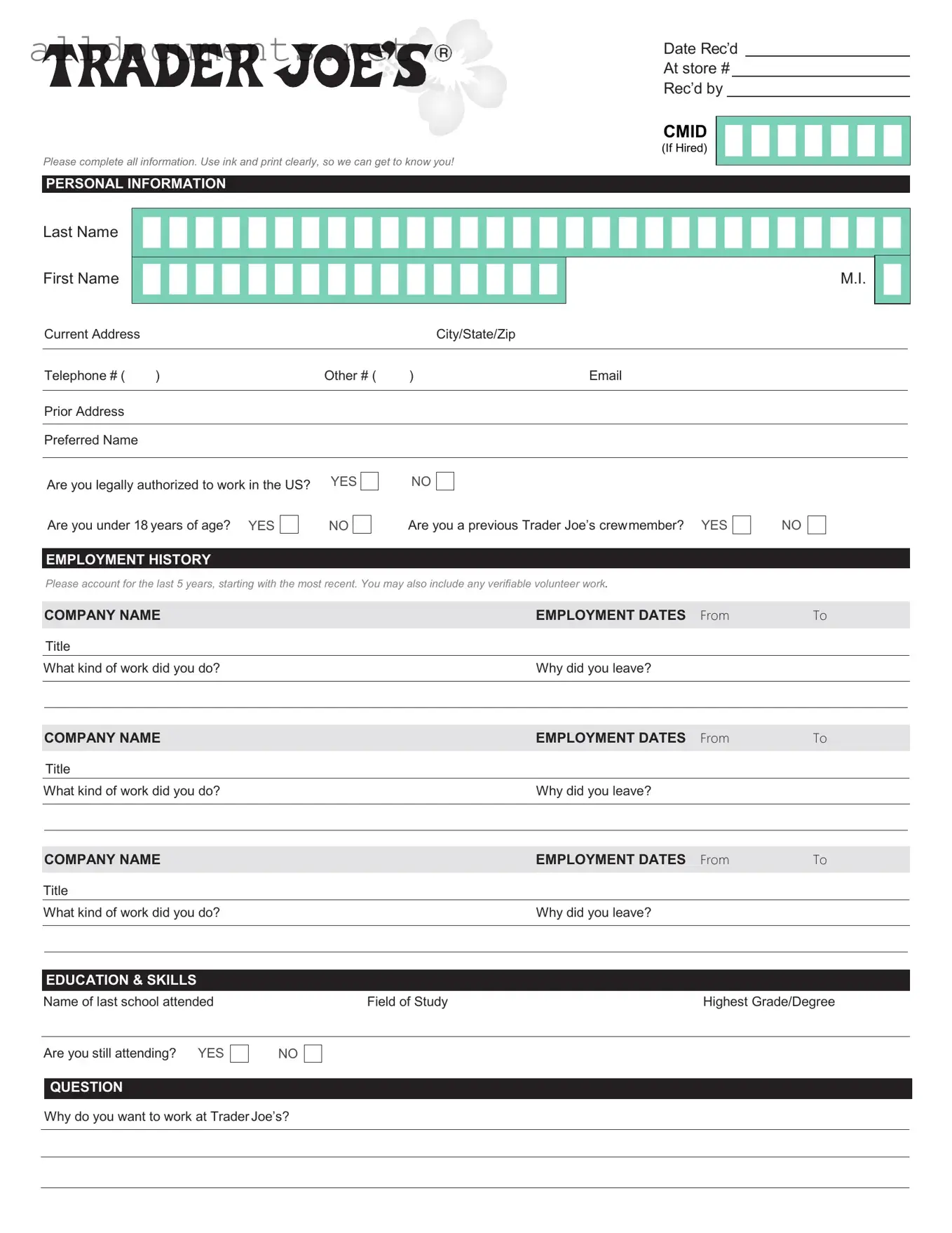 Fillable Trader Joe's application Template in PDF