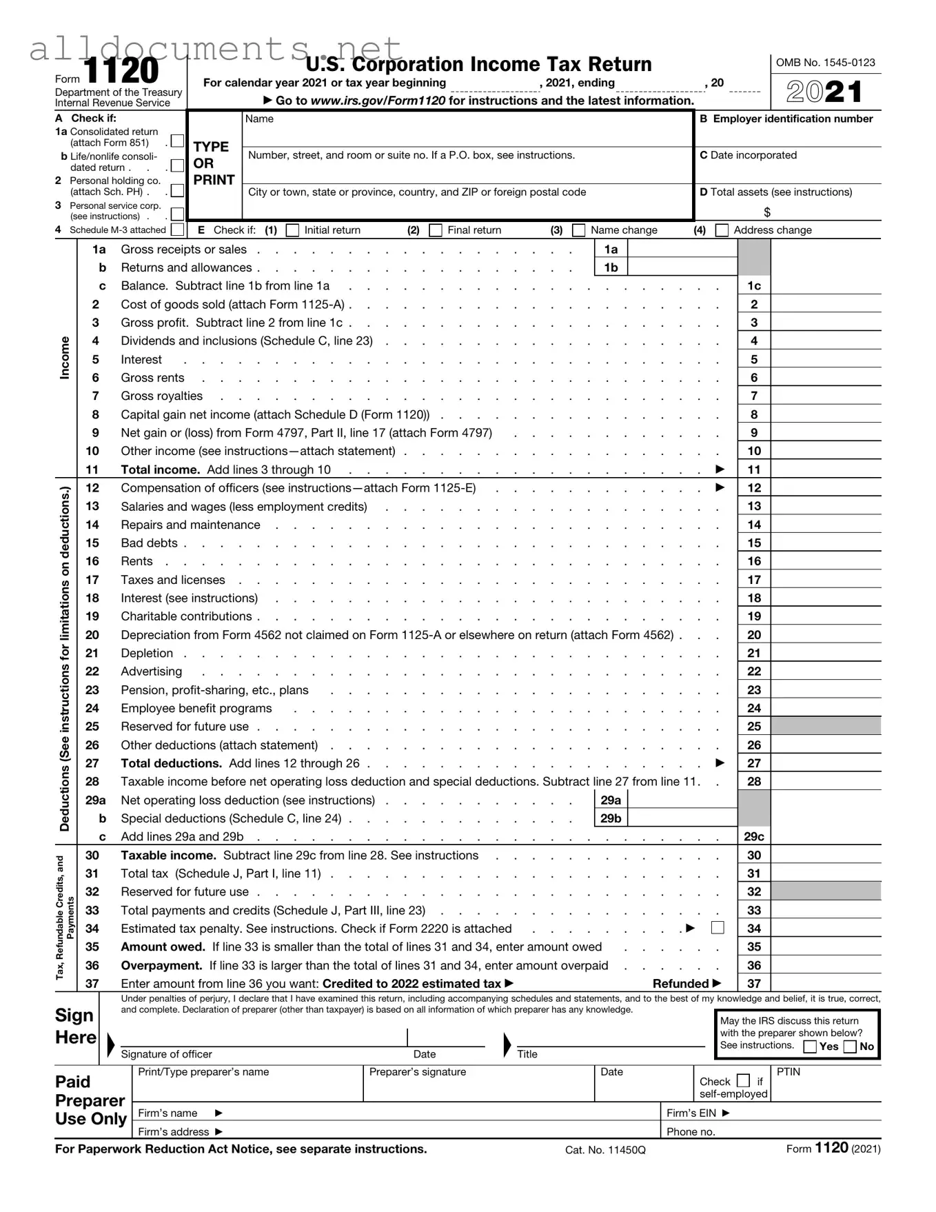Fillable IRS 1120 Template in PDF