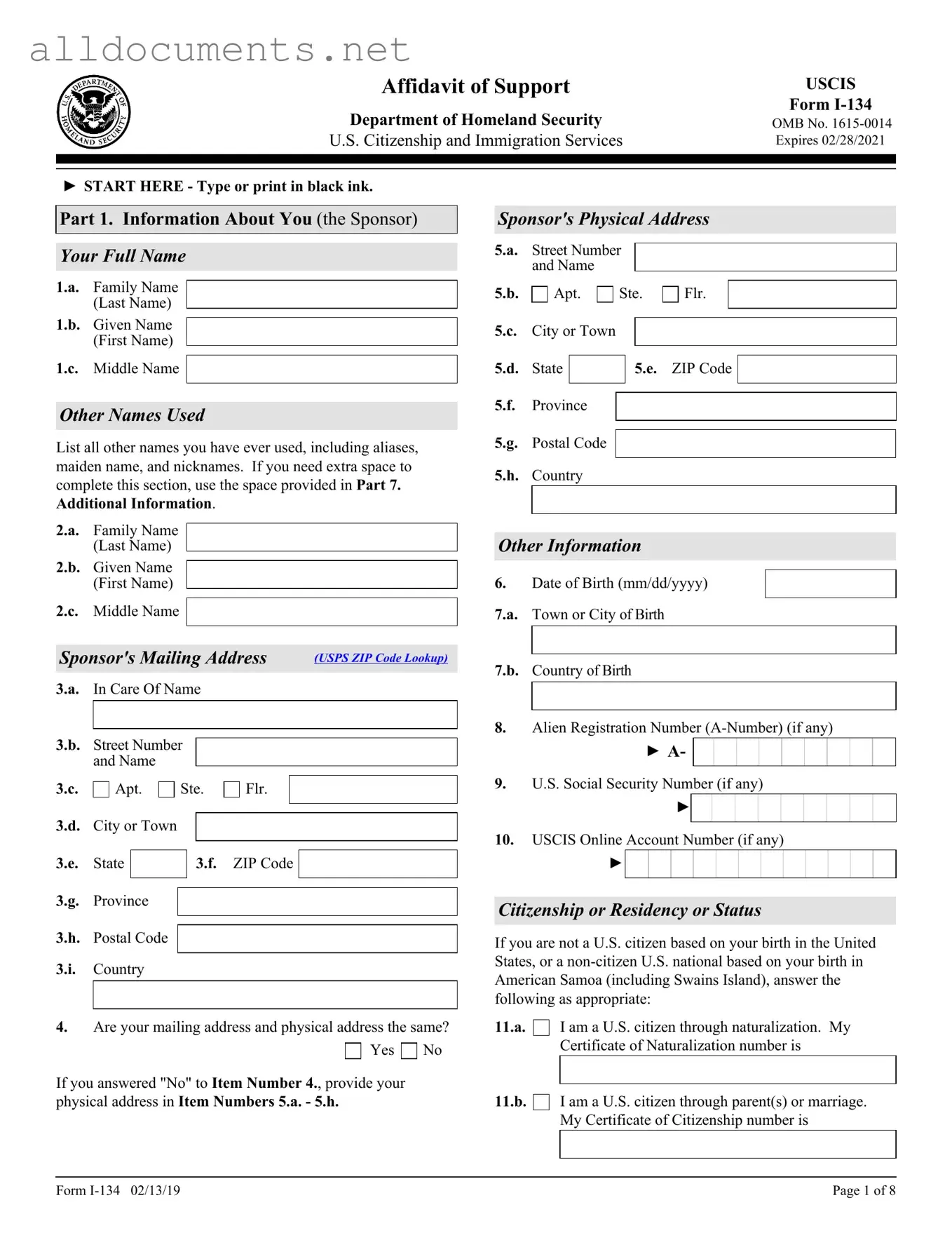 Fillable USCIS I-134 Template in PDF