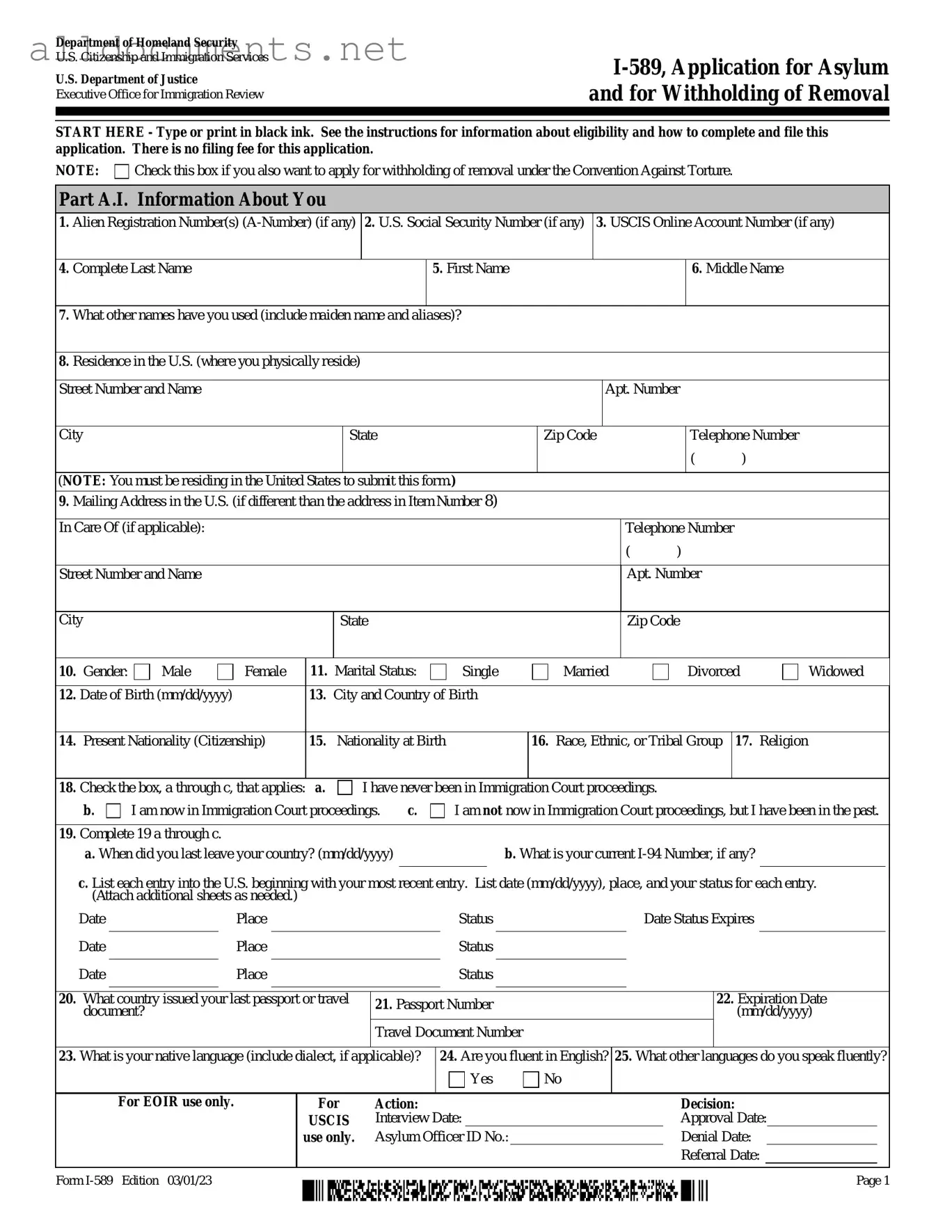 Fillable USCIS I-589 Template in PDF