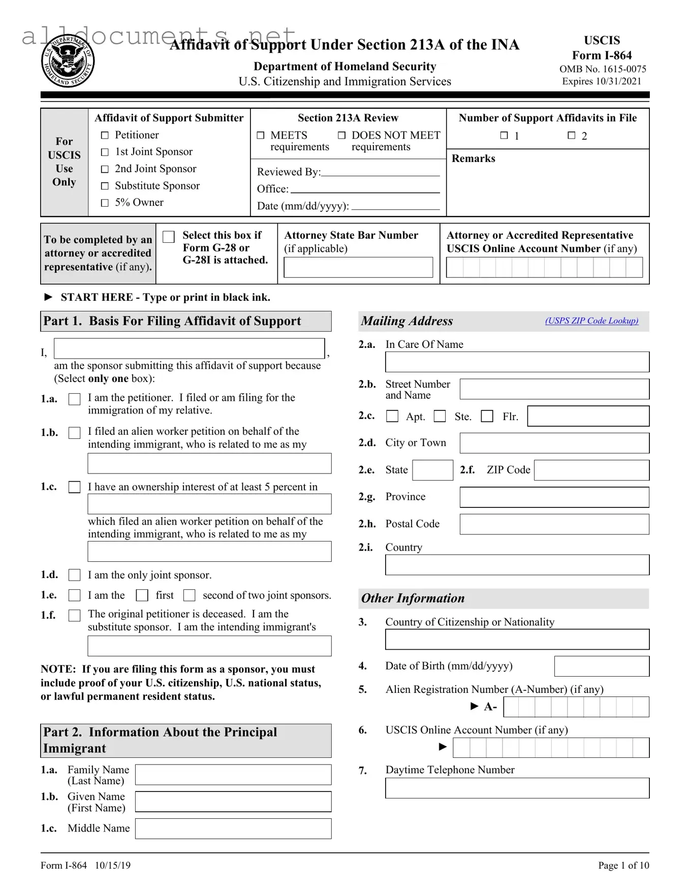 Fillable USCIS I-864 Template in PDF