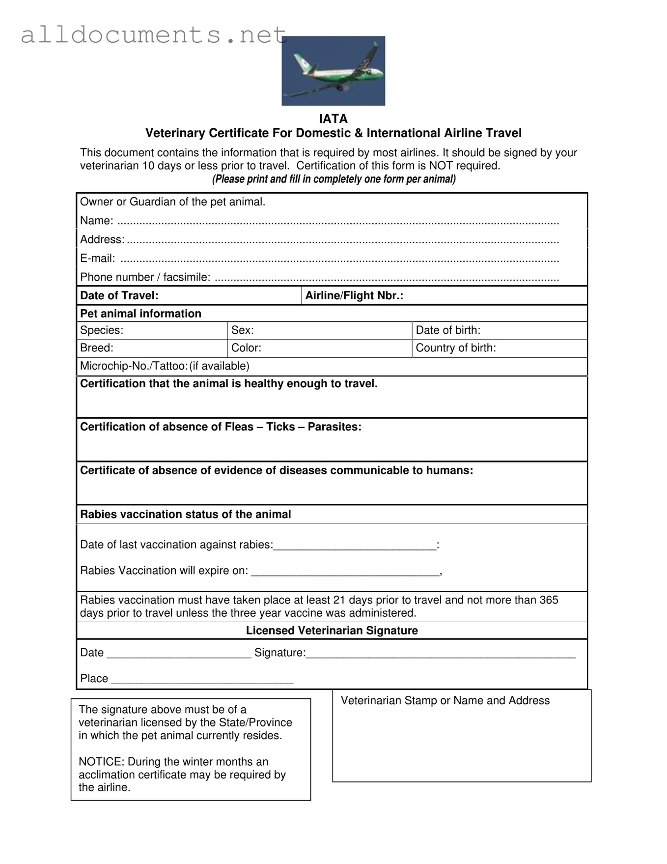 Fillable Veterinary Certificate Travel Template in PDF