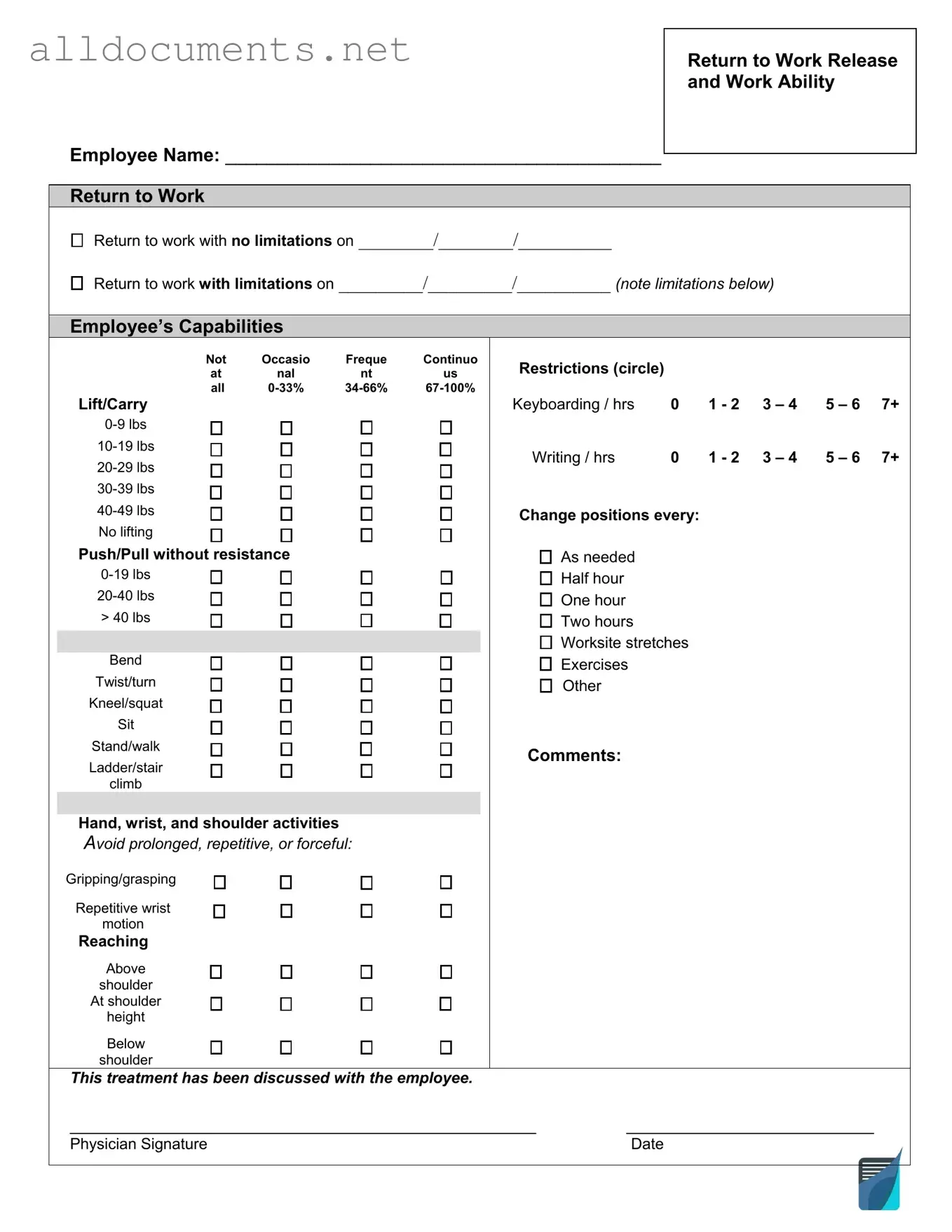Fillable Work Release Template in PDF