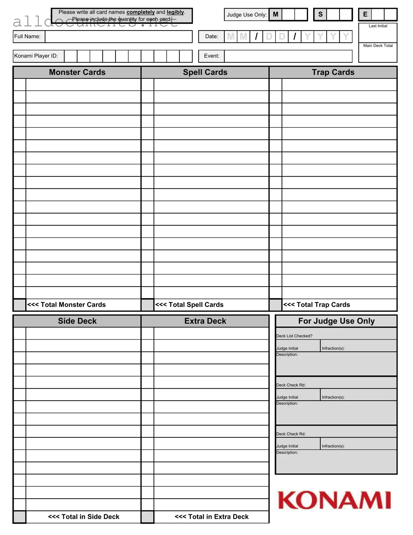 Fillable Konami Decklist Template in PDF